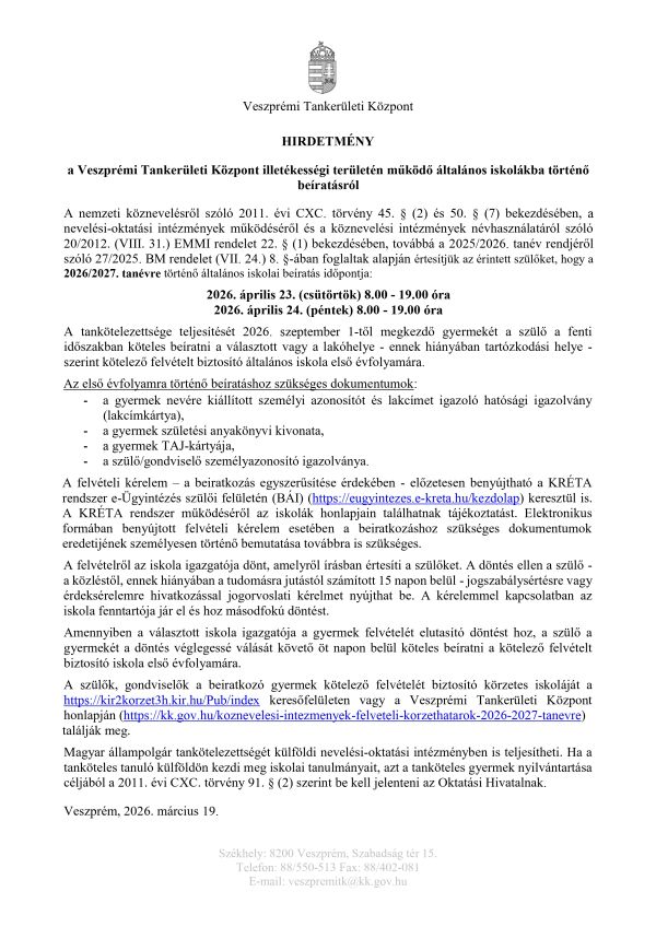 Hirdetmény általános iskolákba történő beíratásról
